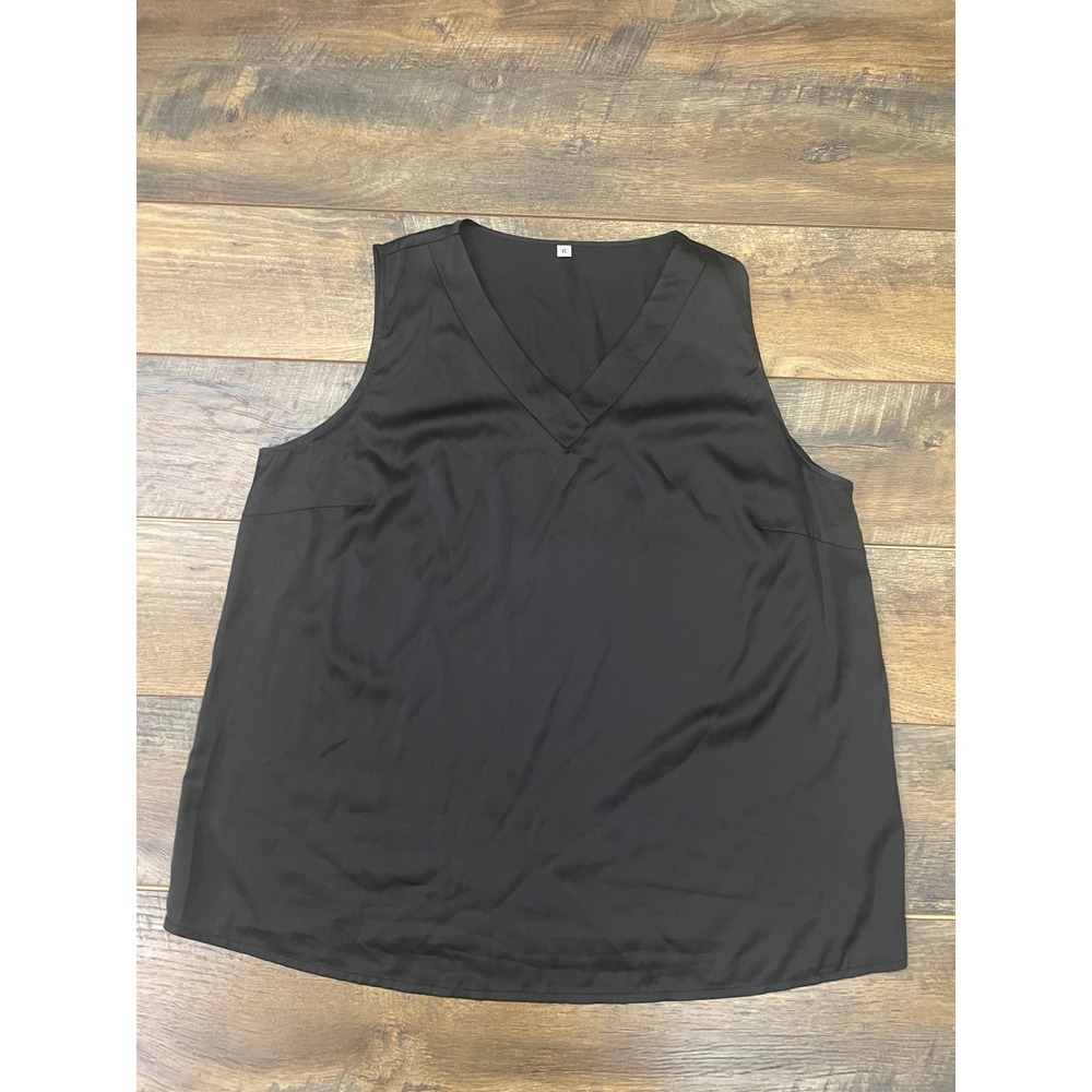Sleeveless Black V-Neck Satin Look Blouse Top XL Flowy Tank Business Casual